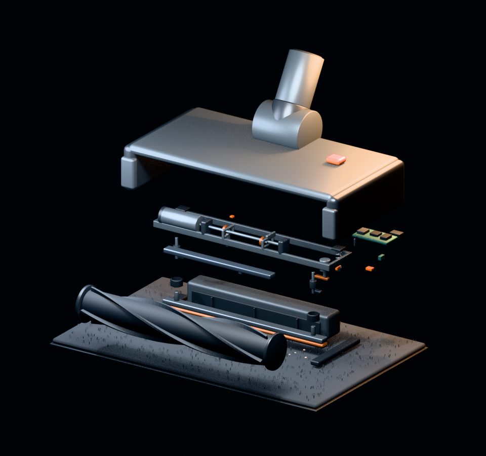 Concept floor head; the interactive illustration separates the shell, powered brush and additional agitation rail